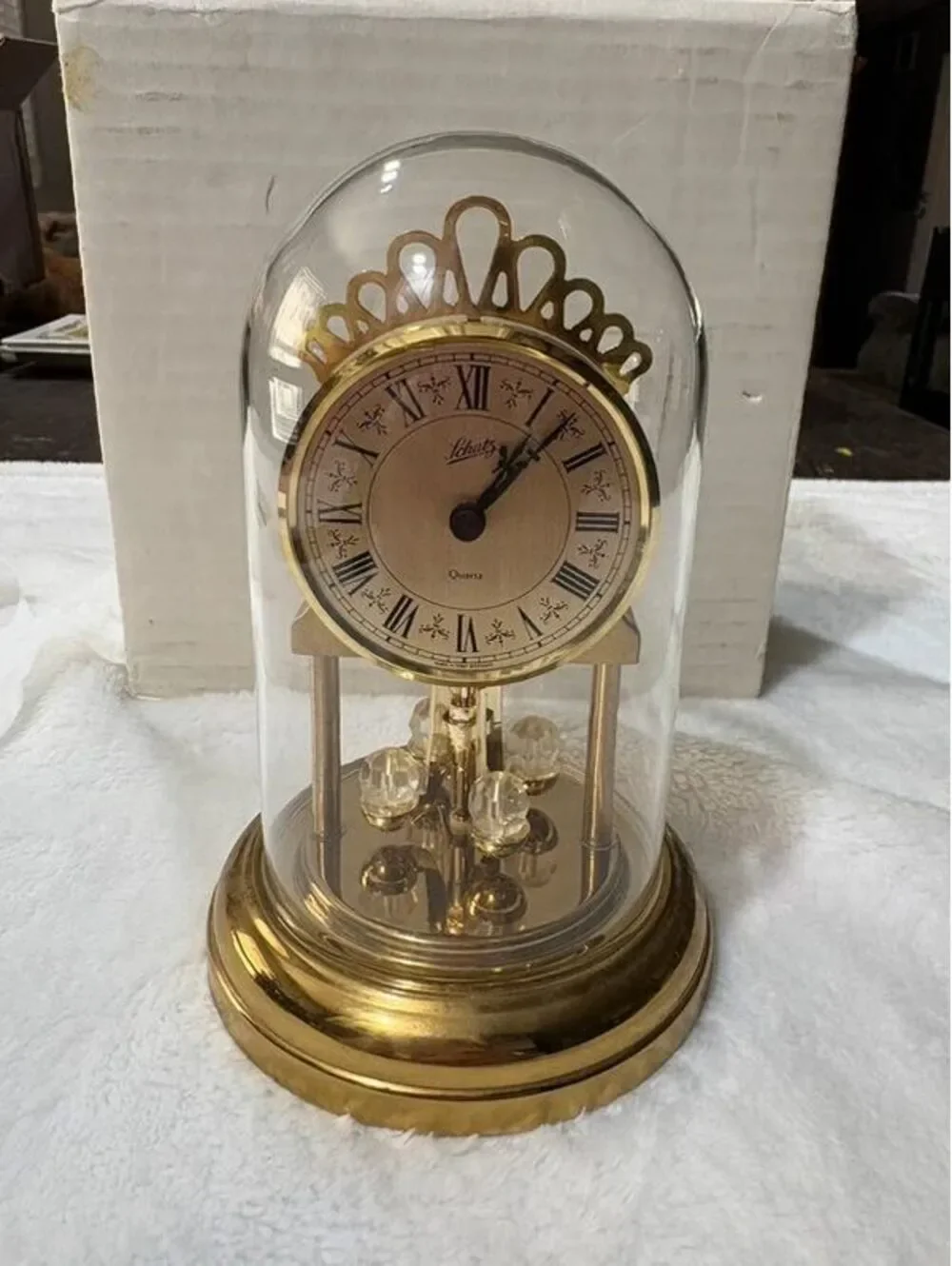 Vintage Liberty Quartz Anniversary Clock Glass Dome Gold Tone Rotating Pendulum